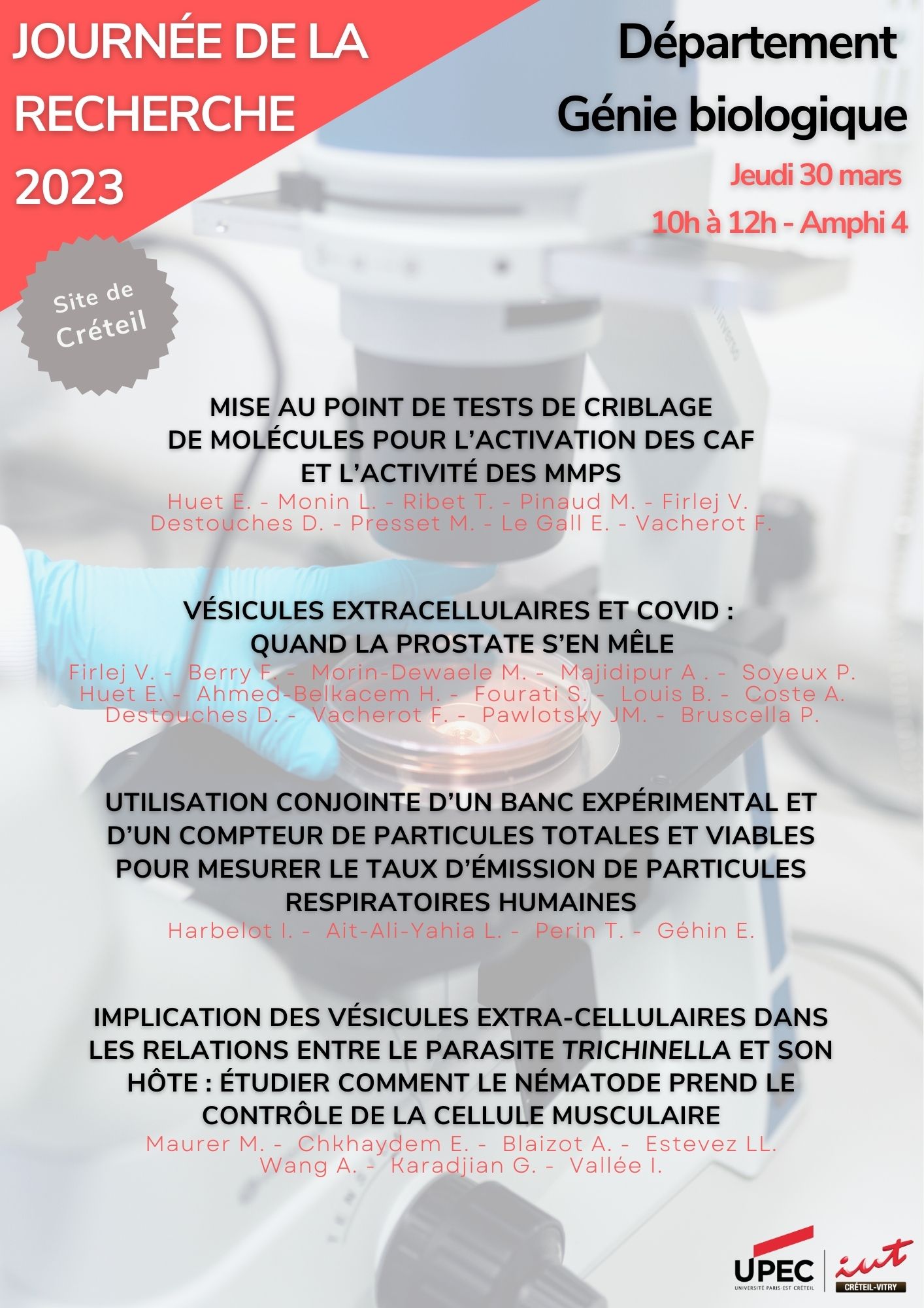 Programme Journée de la recherche - Département Génie biologique